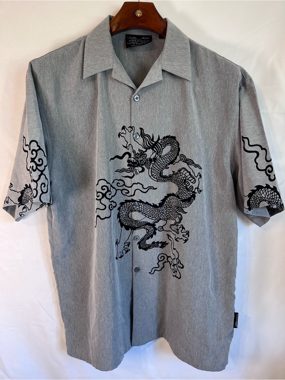 Mecca Grey w/ Black Dragon Camp Shirt: Men’s Large - relaxed fit